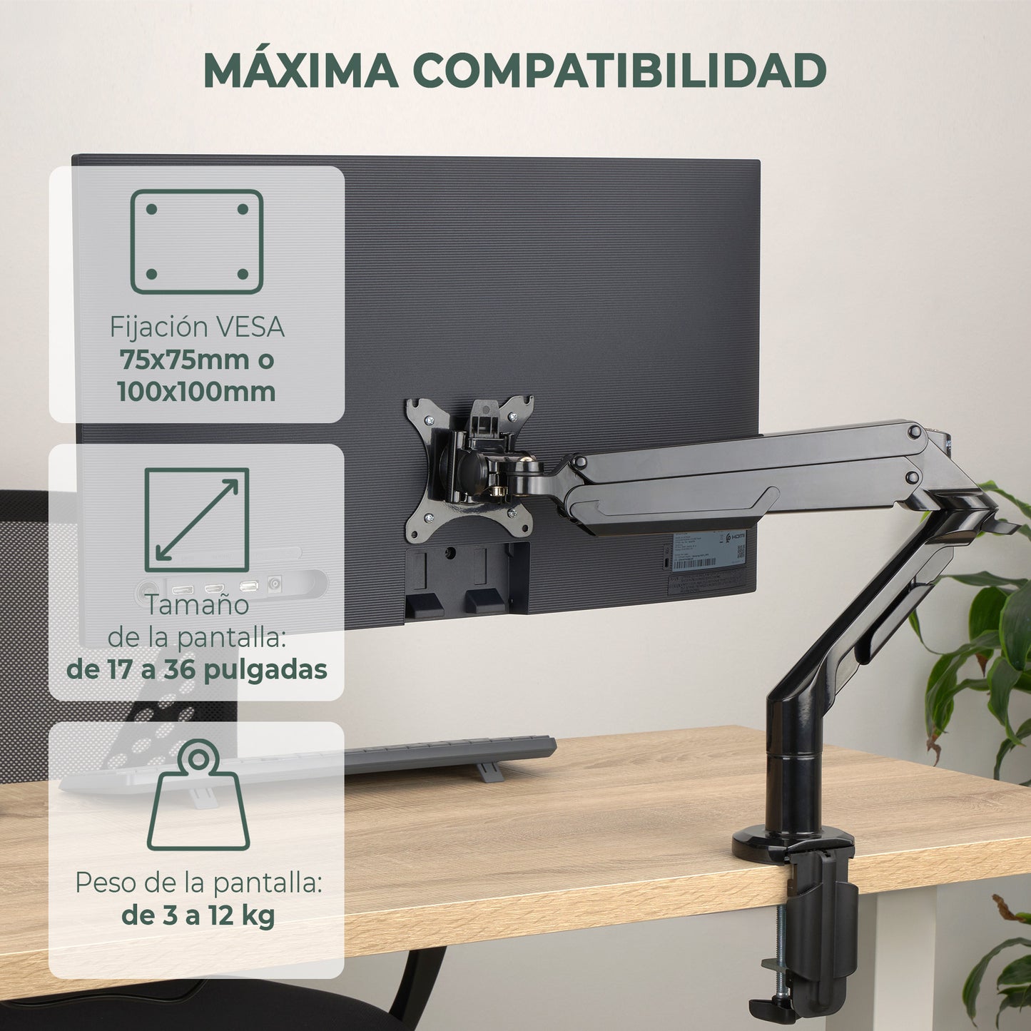 Brazo de Monitor para pantallas de 17-36 pulgadas y 3-12kg