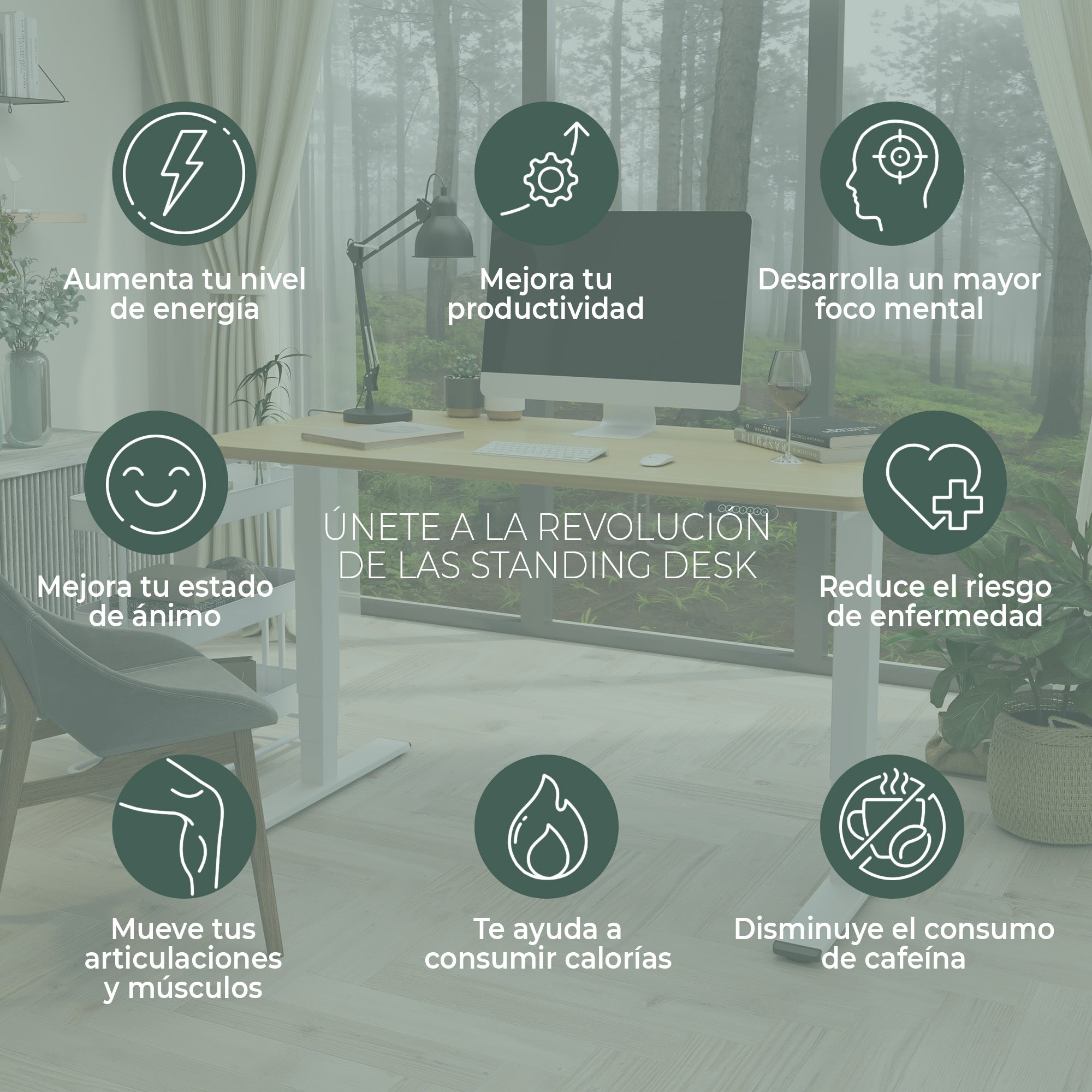 Imagen de beneficios de un escritorio elevable o standing desk