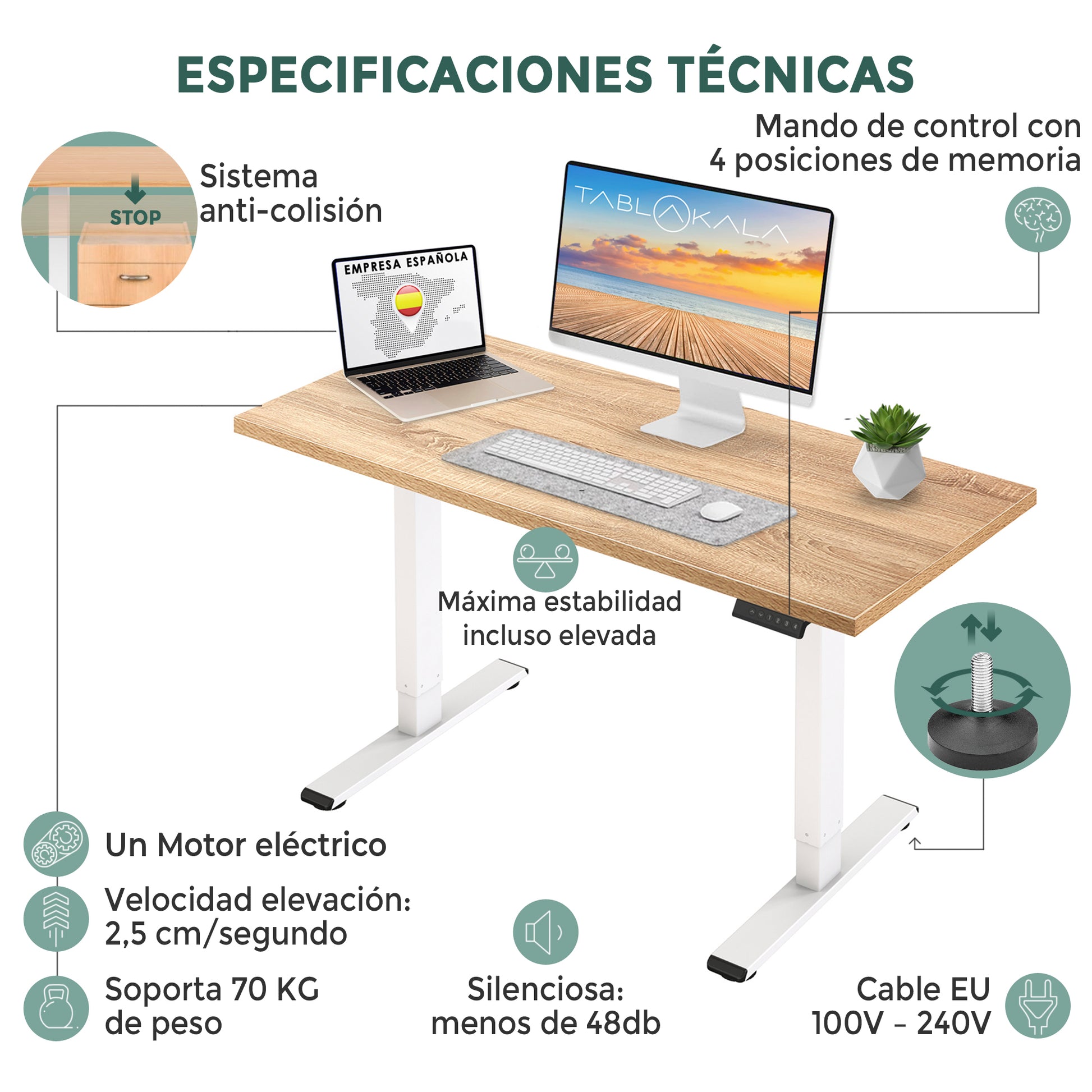 Tablakala Escritorio Elevable 2 Motores, Blanco